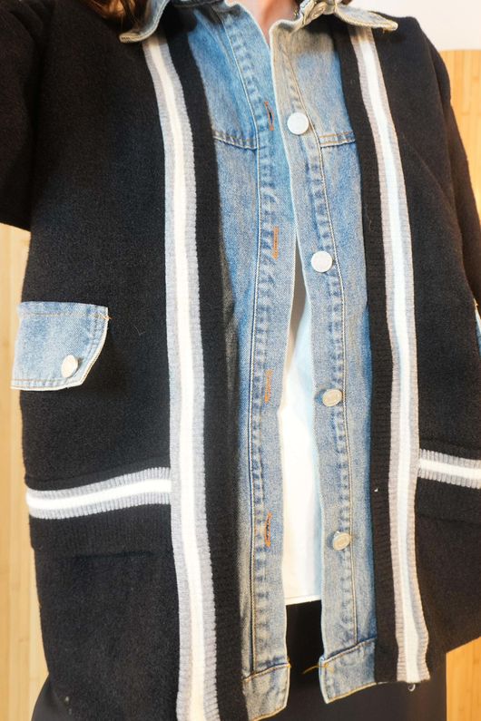 Greenwich Village Knit Bomber Jacket Black Blue Denim /11=